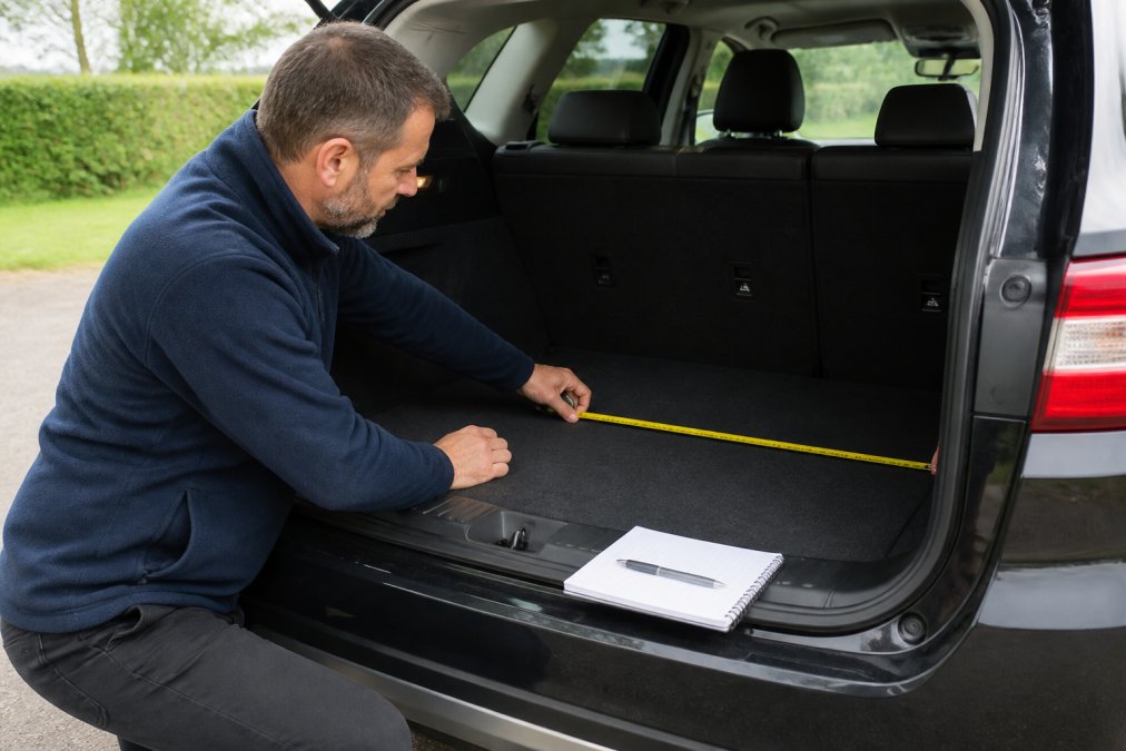 A person kneeling beside an open car boot, holding a retractable tape measure across the boot floor to check dimensions, with a notebook and pen resting on the bumper