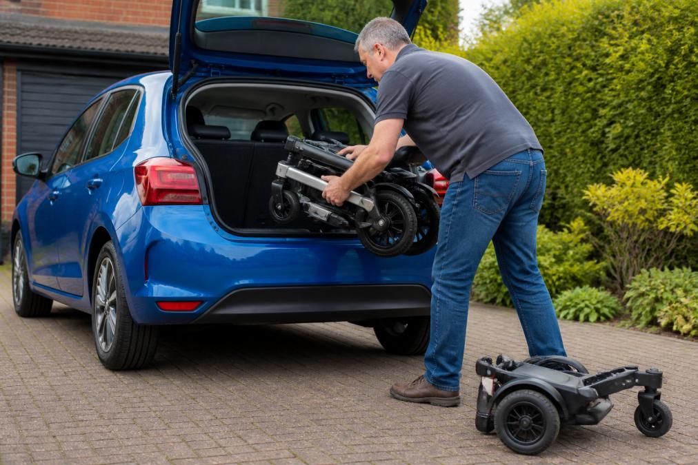 A carer lifting a folded lightweight powerchair frame into the boot of a small hatchback on a residential driveway, with the split rear motor section resting beside it on the ground