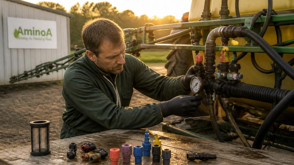 Farmer adjusting sprayer equipment to ensure precise foliar application techniques at dawn
