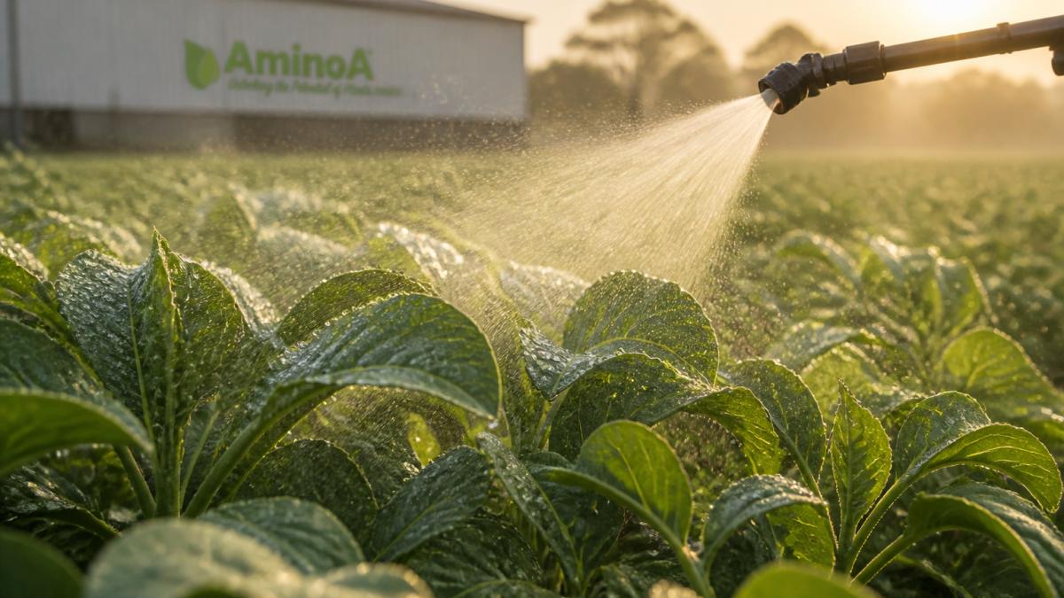 Close-up of crop leaves glistening with spray droplets during early morning application, water beads forming on green foliage under soft sunlight