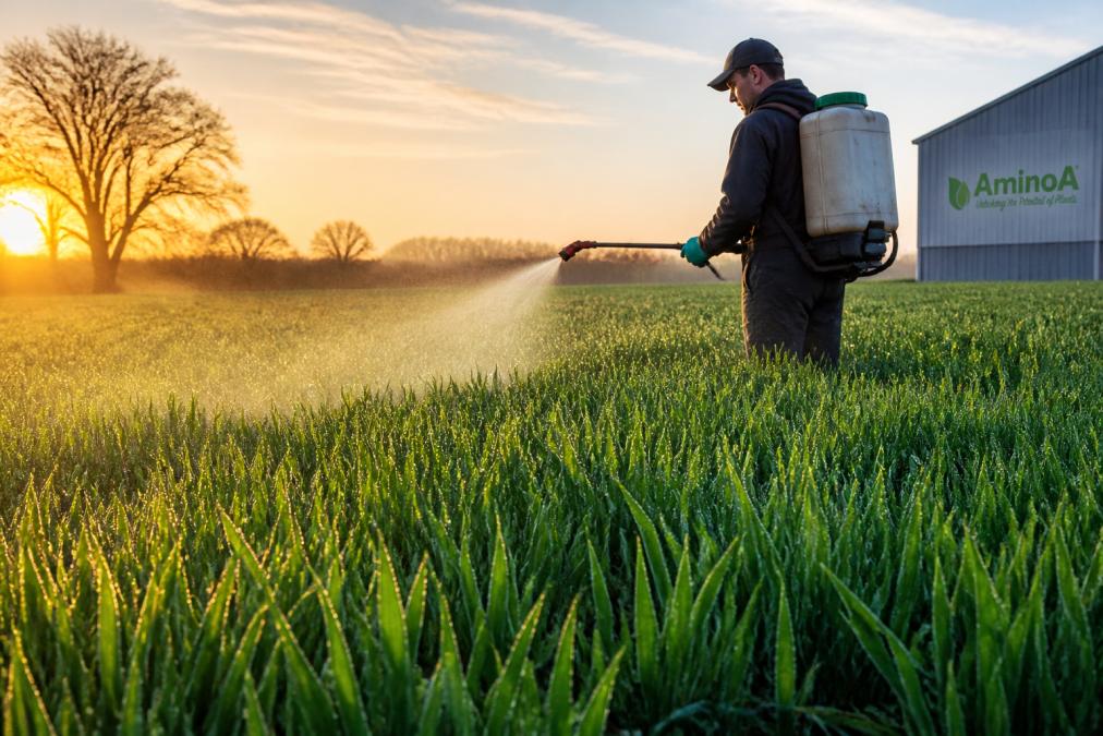 Farmer applying foliar biostimulant spray to winter wheat crop in early morning light, showing spray equipment and healthy green crop canopy at growth stage GS30-32
