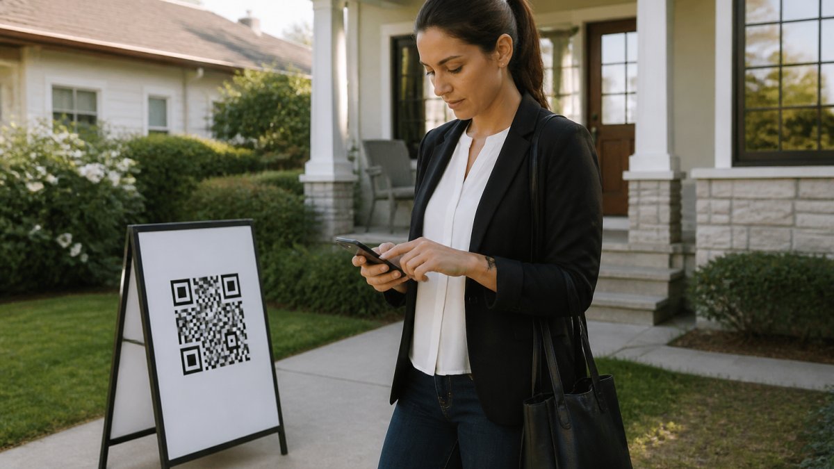 Real estate agent speaking on smartphone in professional office setting with property details and notes visible on desk, natural office lighting