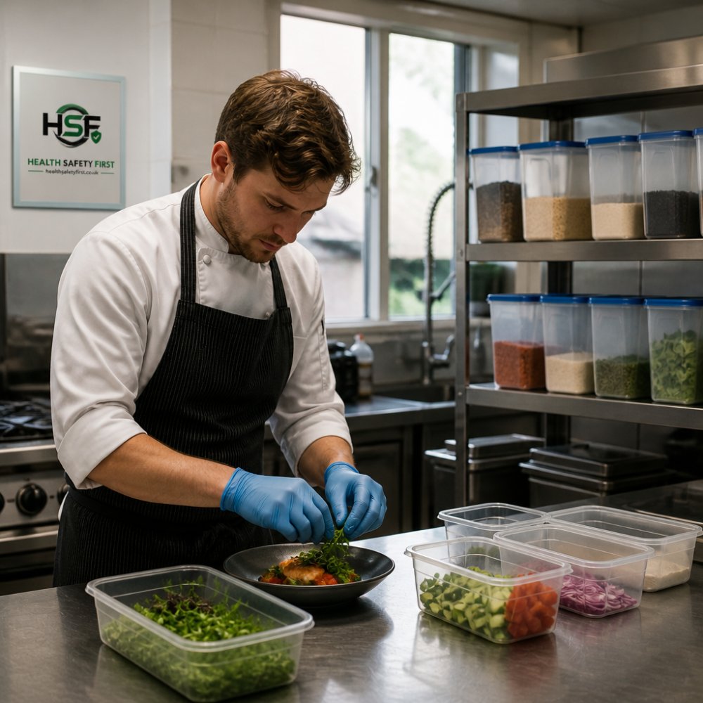 Restaurant kitchen staff member wearing gloves, carefully preparing a meal at a clean workstation with allergen-free ingredients stored separately in labelled containers, natural kitchen lighting