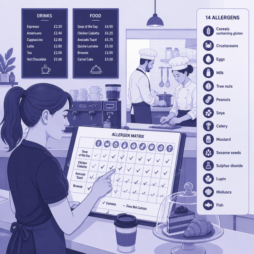 Flowchart illustrating food allergen labelling rules for cafes in the UK for staff training and menu management.