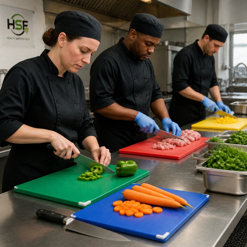 Professional kitchen staff preparing food with separate colour-coded chopping boards and utensils, showing practical allergen separation procedures on stainless steel counter with natural lighting