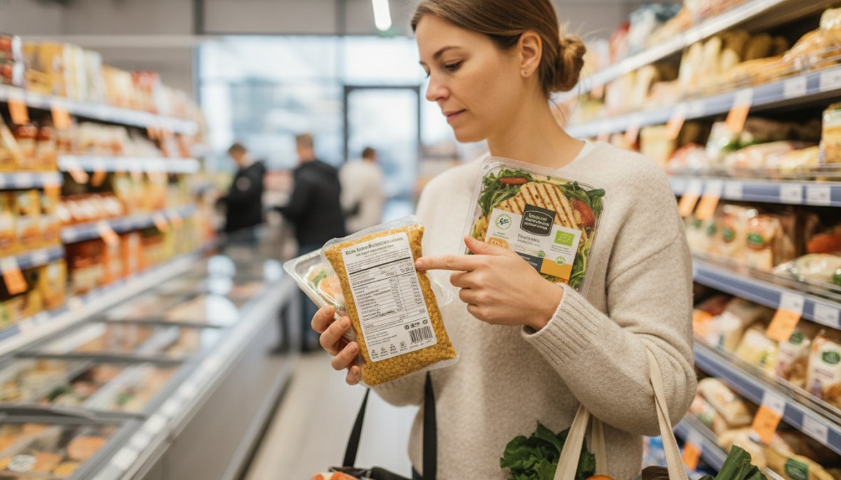 Person liest im Supermarkt ein Lebensmitteletikett für Food Convenience, um Nährwerte und Zutaten genau zu prüfen.
