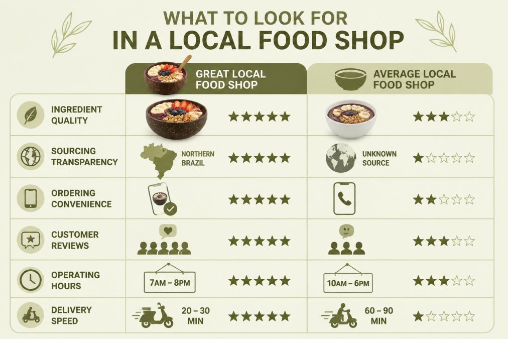 Comparison matrix showing key factors for evaluating local food shops: ingredient quality, sourcing transparency, ordering convenience, customer reviews, operating hours, delivery speed