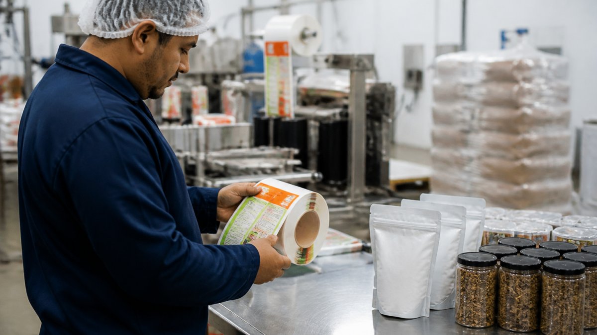 Production manager inspecting custom labels for food packaging and labeling services alongside pouches and jars