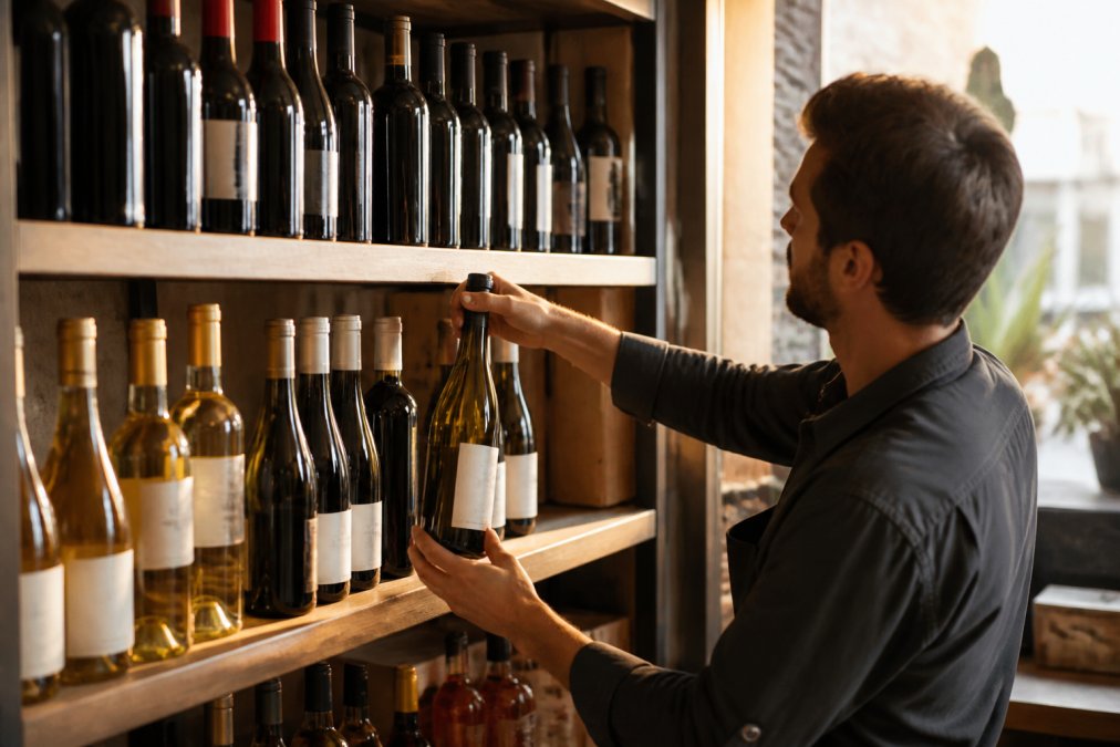 Wine merchant arranging bottles of Portuguese wine on a wooden shelf in a sunlit shop