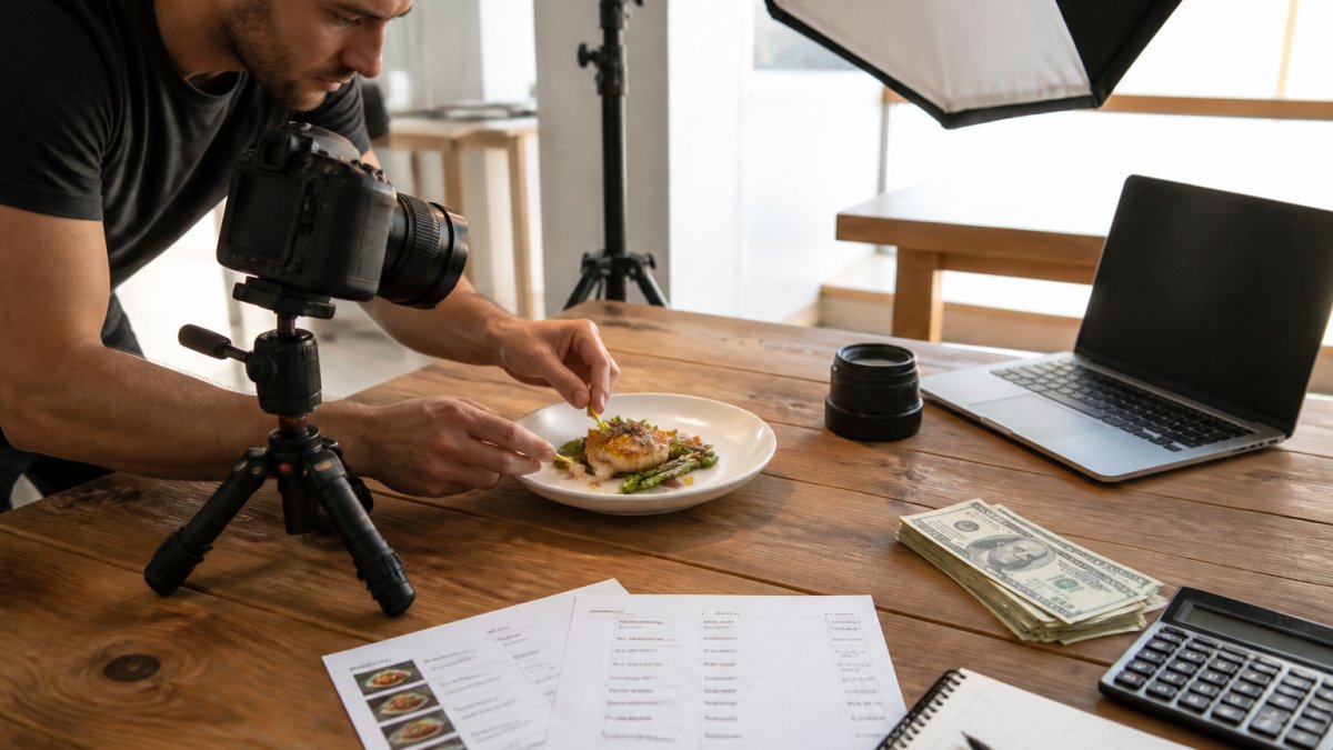 A food photographer arranging a plated dish on a tabletop setup with softbox lighting and a laptop showing a shot list in the background