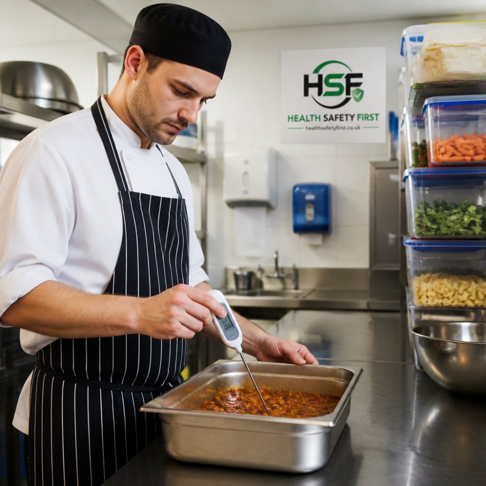 Kitchen staff member checking temperature of food with digital thermometer, with clean stainless steel work surfaces and labelled food storage containers visible in background