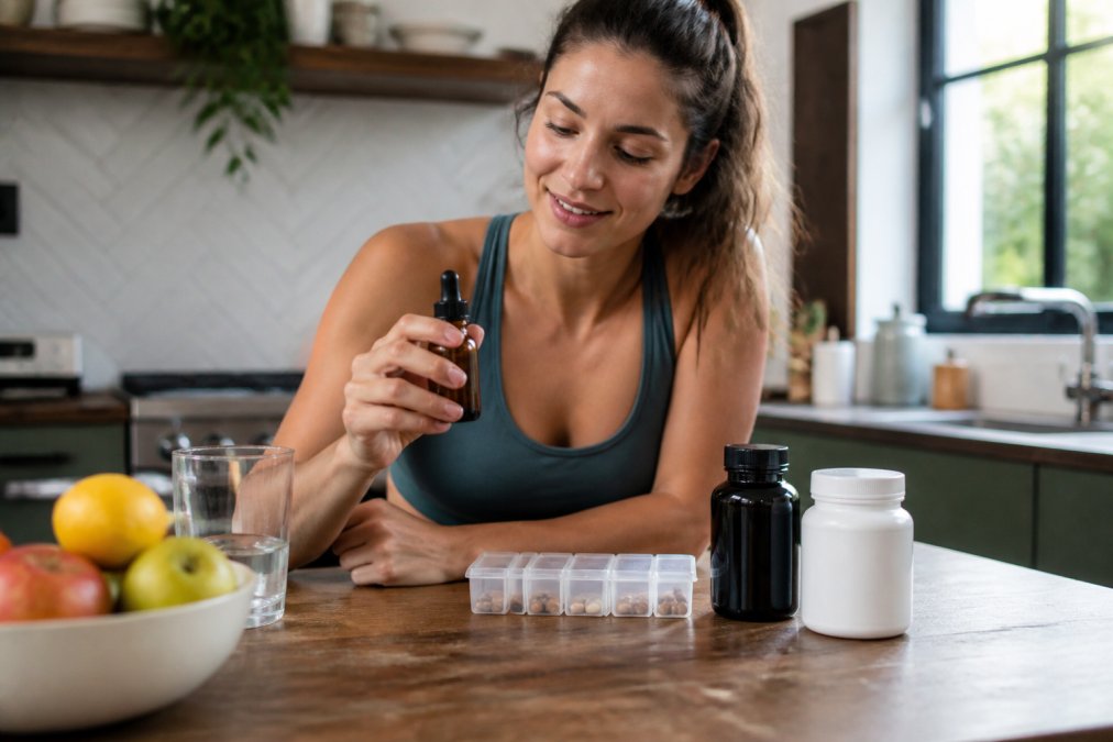 A person holding a B12 liquid drop bottle next to a daily pill organizer on a kitchen counter, with a glass of water and fresh fruit in the background, soft natural light