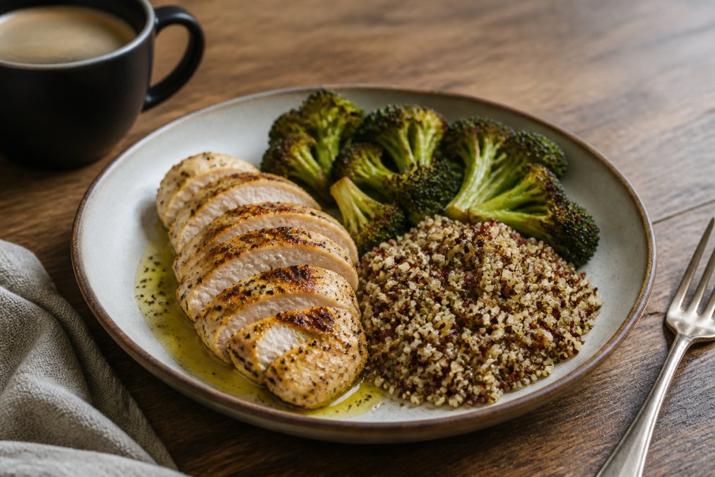 Infographic plate layout featuring grilled chicken, quinoa, and roasted broccoli as a balanced meal example