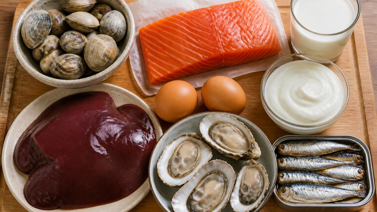 Overhead flat lay of fresh B12-rich foods arranged on a wooden cutting board: raw clams, salmon fillet, eggs, beef liver, oysters, sardines, Greek yogurt, and glass of milk in natural kitchen lighting