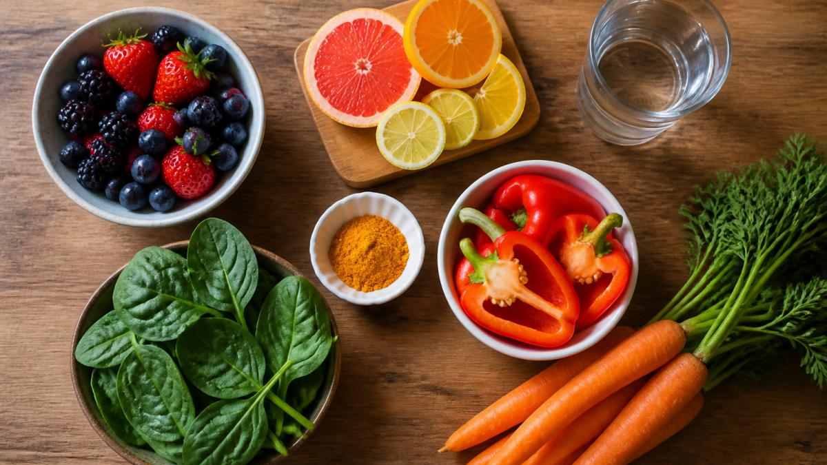 Overhead flat lay of a wooden kitchen table with a bowl of fresh berries, sliced citrus, red bell peppers, carrots, spinach leaves, a small dish of turmeric powder, and a glass of water in soft natural light