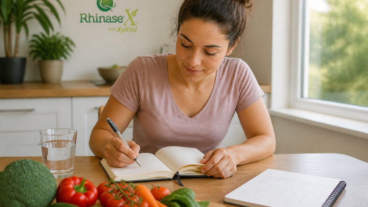 A person recording daily meals and symptoms in a notebook to identify potential food triggers.