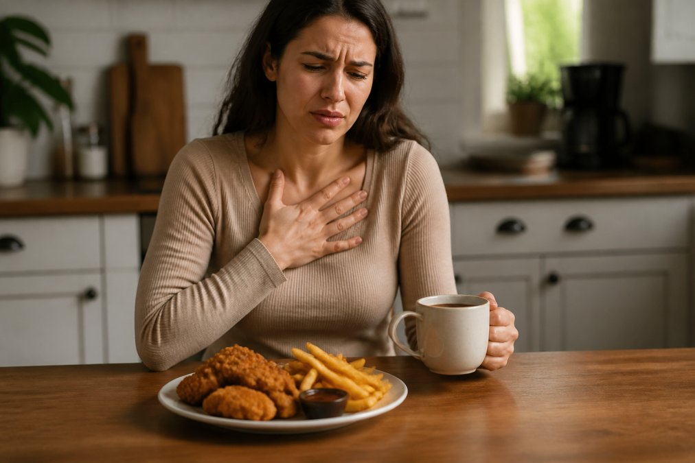 Infographic illustrating how fried foods and coffee trigger acid reflux symptoms in people at the dinner table.