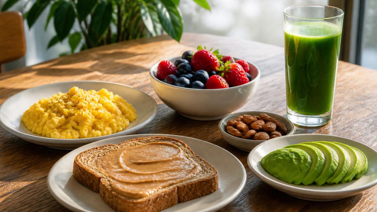 Bright morning light streaming across a wooden table set with a colorful breakfast spread: scrambled eggs, whole grain toast with almond butter, fresh berries in a bowl, a handful of almonds, sliced avocado, and a tall glass of fresh-pressed green juice