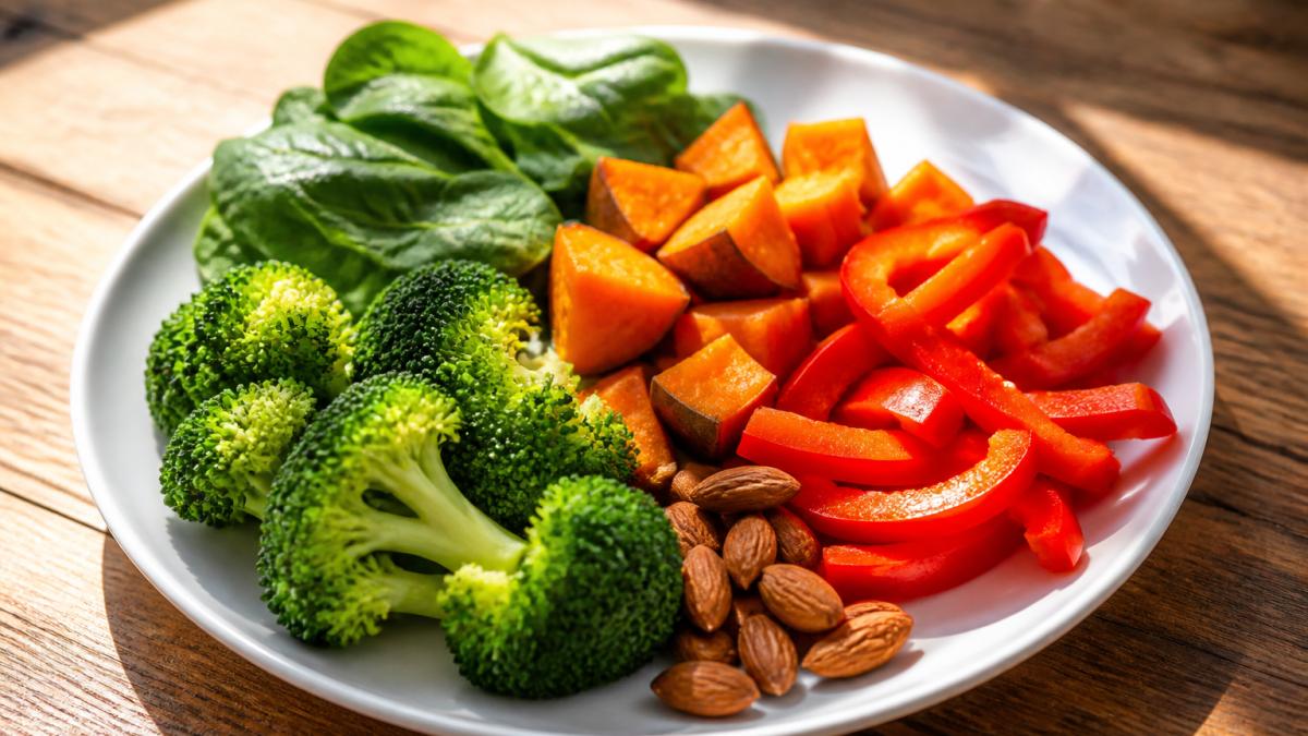 Fresh broccoli, spinach, sweet potato, peppers, and almonds on a wooden table in sunlight