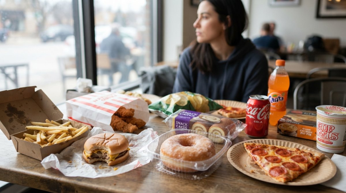Close-up of various processed and fast food items on a table, including fried foods, sugary snacks, and packaged meals, with a person in the background looking away