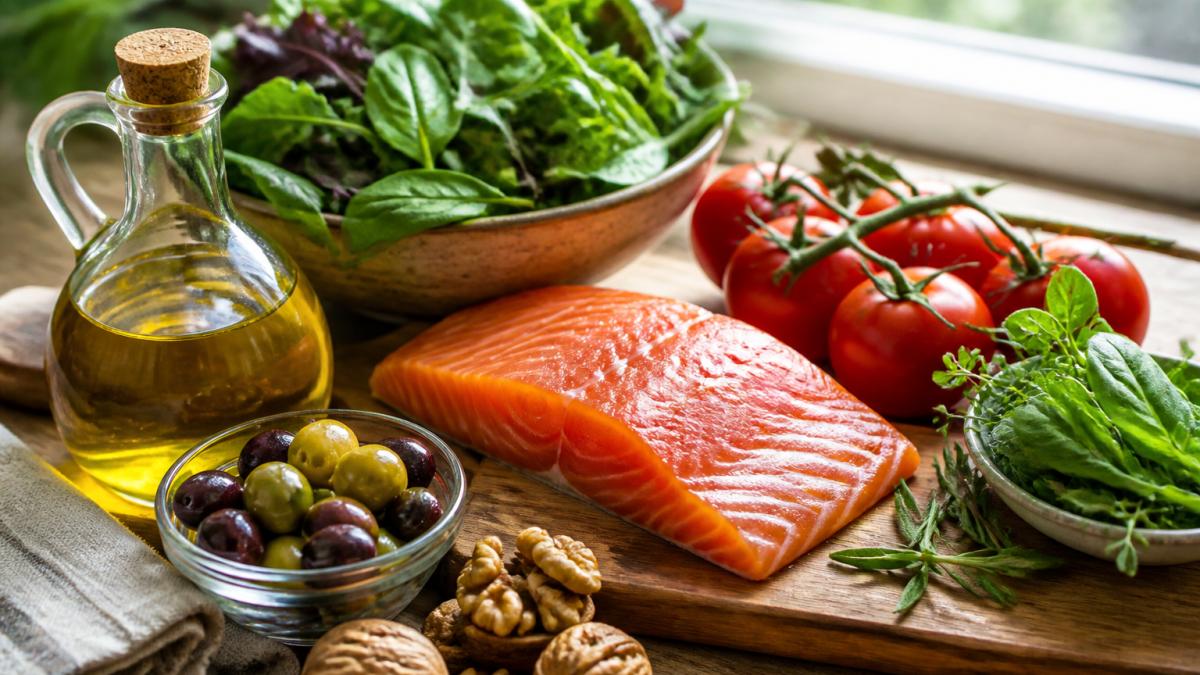 Colorful arrangement of fresh salmon fillet, extra virgin olive oil in glass bottle, mixed leafy greens, tomatoes, olives, walnuts, and fresh herbs on a light wooden cutting board with natural window lighting