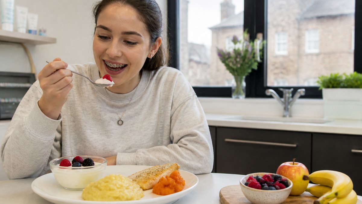 Colourful plate of soft, braces-friendly foods including creamy yoghurt, mashed vegetables, tender fish fillet, and ripe berries arranged on white ceramic plate with natural daylight
