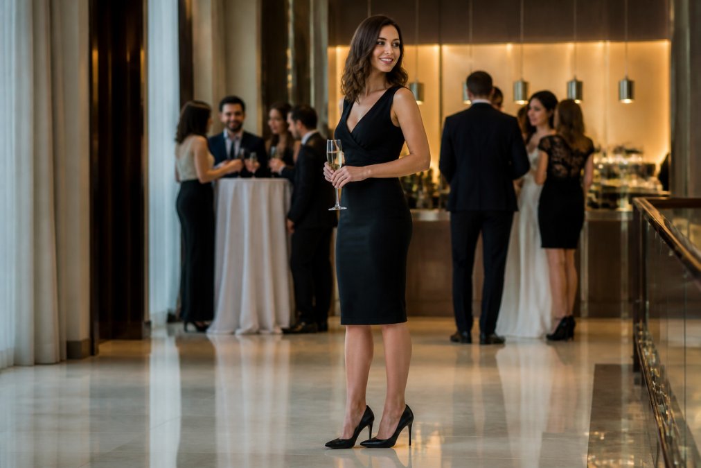 Woman in elegant high heels standing confidently at a formal event, showing proper posture and foot positioning with weight distributed evenly