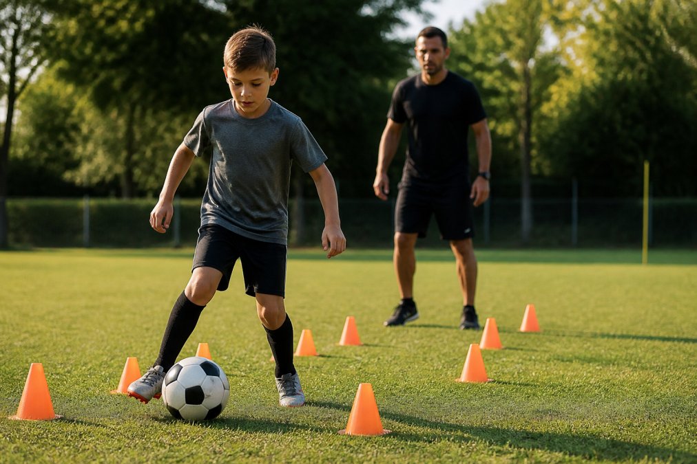 A 10-year-old boy in athletic gear practicing dribbling through a set of cones on a grassy field, with a coach watching and guiding in the background