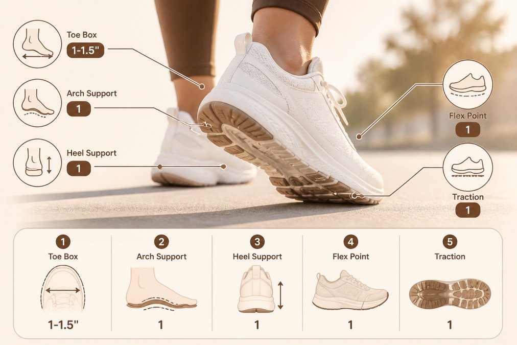 Close-up of a person's feet wearing supportive white athletic sneakers while walking on a concrete sidewalk, photographed from a low angle showing the sole profile and shoe structure in bright afternoon light