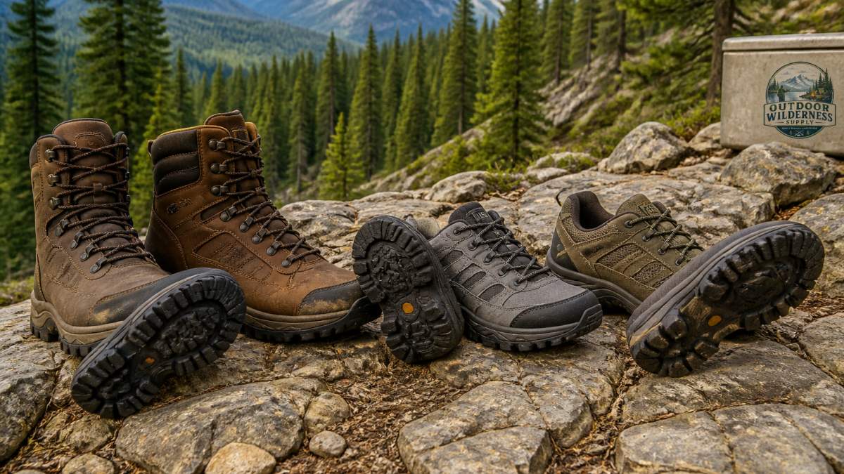 Infographic comparing tread patterns and ankle support features of various hiking boots and trail shoes.