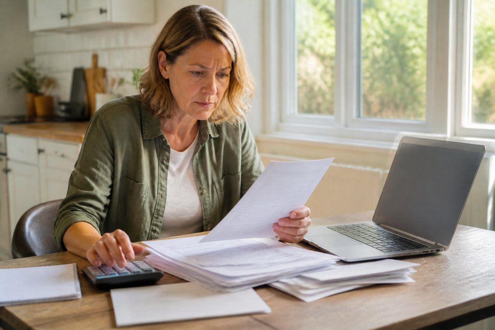 Homeowner reviewing mortgage documents and payment options at a kitchen table with a laptop and calculator, natural afternoon light streaming through windows