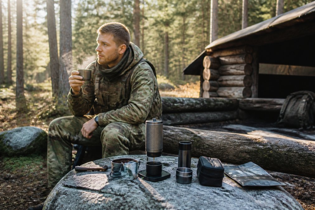 En soldat i feltuniform sidder på en træstamme ved et shelter i skoven og holder en dampende kop kaffe, med en lille rejse-espressomaskine og kaffegrej spredt ud på en flad sten foran ham. Morgenlys gennem træerne.