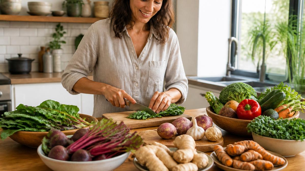Person preparing fresh vegetables and whole foods in a bright kitchen, with turmeric root, fresh ginger, and vibrant beet roots visible on a wooden counter