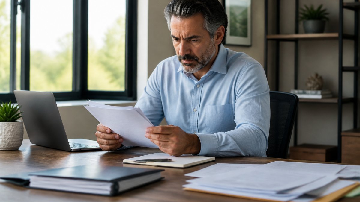 Business owner reviewing lease documents at a desk with a laptop, notepad, and pen, with a focused expression and natural office lighting streaming through a window