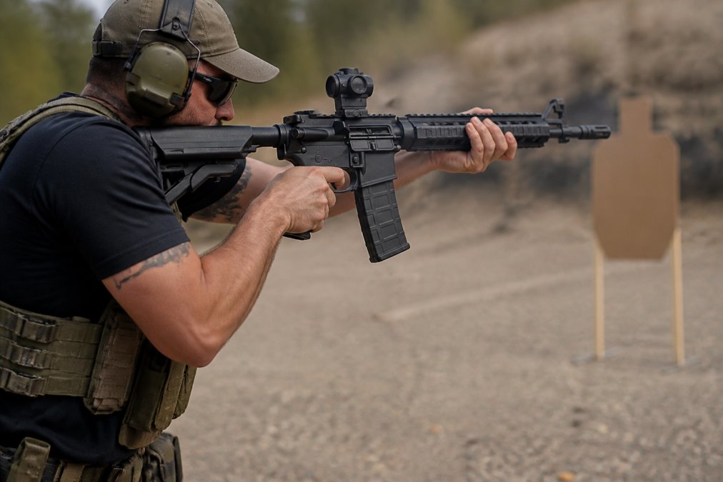 Tactical shooter firing an AR-15 with a forced reset trigger at an outdoor range during rapid-fire drills.