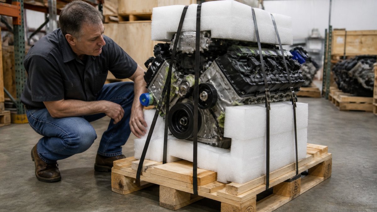 Professional mechanic examining a fully assembled coyote crate engine mounted on a wooden pallet, wrapped with protective foam padding and heavy-duty strapping, positioned in a warehouse setting with industrial lighting