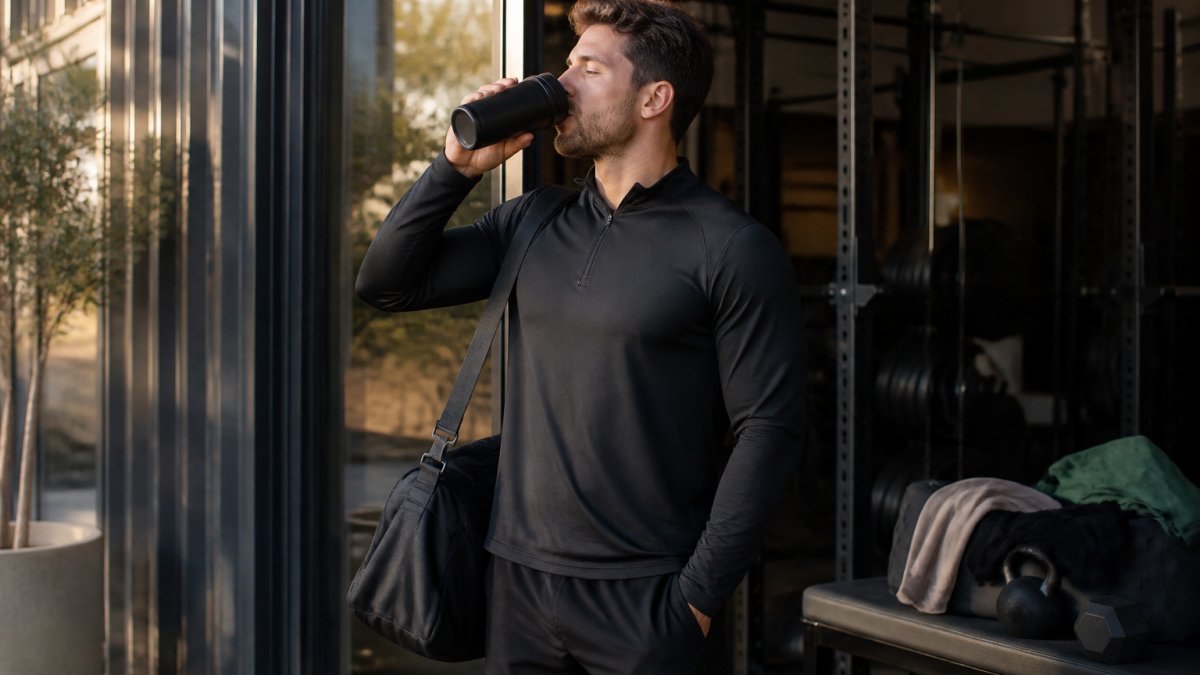 En person i sportstøj, der drikker af en termokop med kaffe uden for et fitnesscenter i naturligt lys, med vægte og træningstøj synligt i baggrunden
