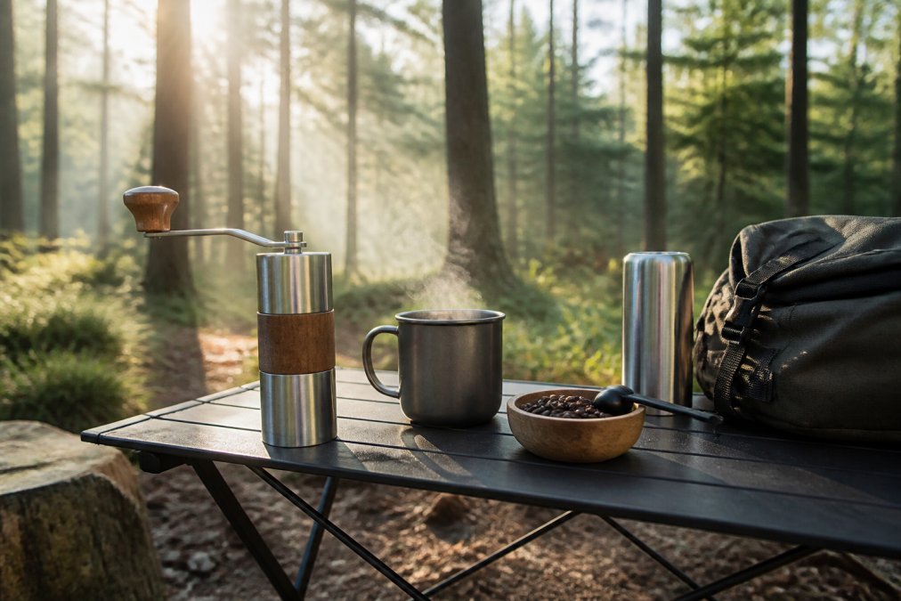 En manuel kaffekværn i rustfrit stål og træ placeret på et sammenklappeligt bord i skoven, ved siden af en dampende kop kaffe og en lille rygsæk. Morgenlys filtrerer gennem træerne.