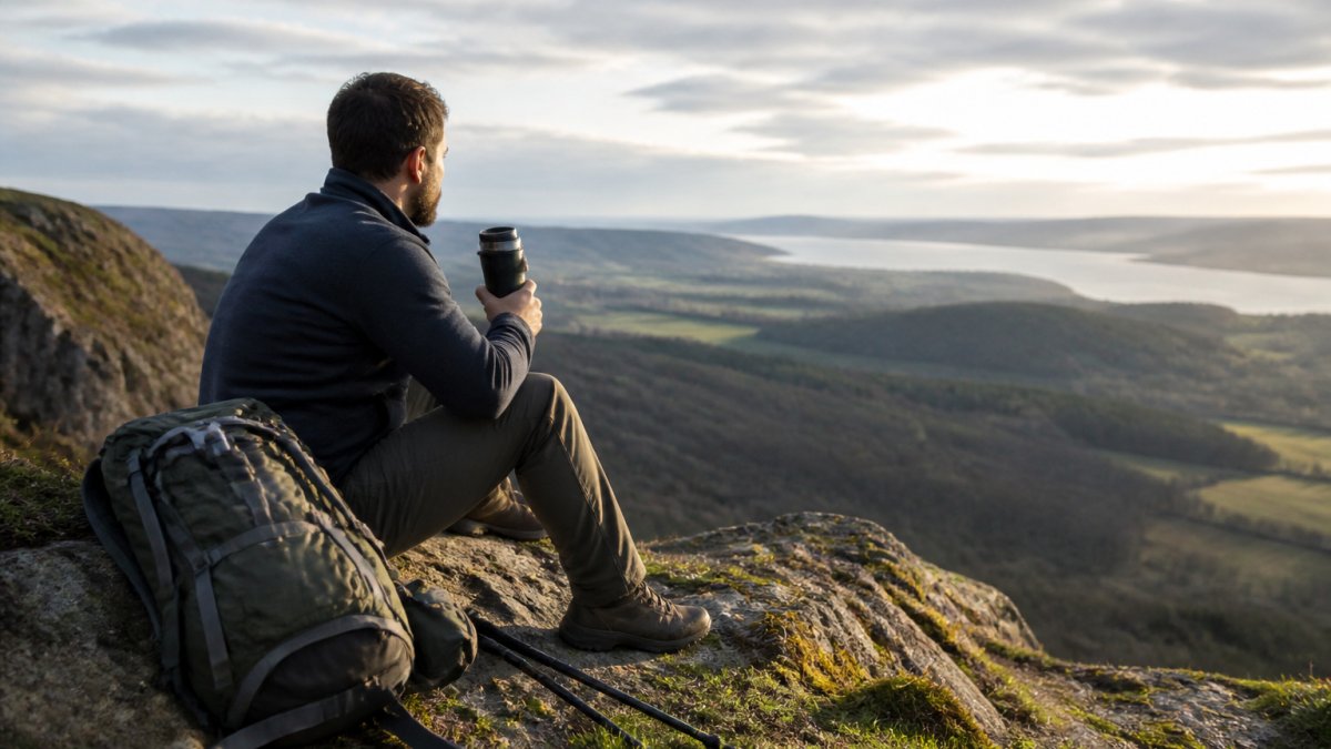 En vandrer holder en varm kop kaffe fra en termokop ved en klippetop med udsigt over et dansk landskab, rygsæk og vandrestave ved siden af.