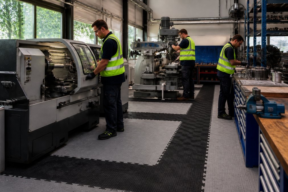 Et rent, velorganiseret industriværksted med grå og sort klikgulv, tre medarbejdere i refleksveste og sikkerhedssko arbejder ved tungt metalbearbejdningsudstyr, naturligt lys fra store vinduer