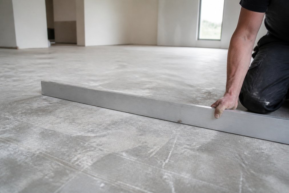 Måling af betonplanhed med lige latte, der viser hvordan man kontrollerer undergulvets tilstand før montering af PVC-fliser