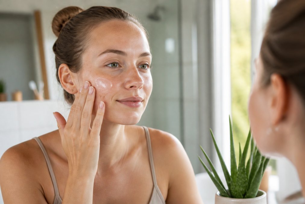 Kvinde med sensitiv hud påfører nænsomt økologisk aloe vera gel i ansigtet i et lyst badeværelse.