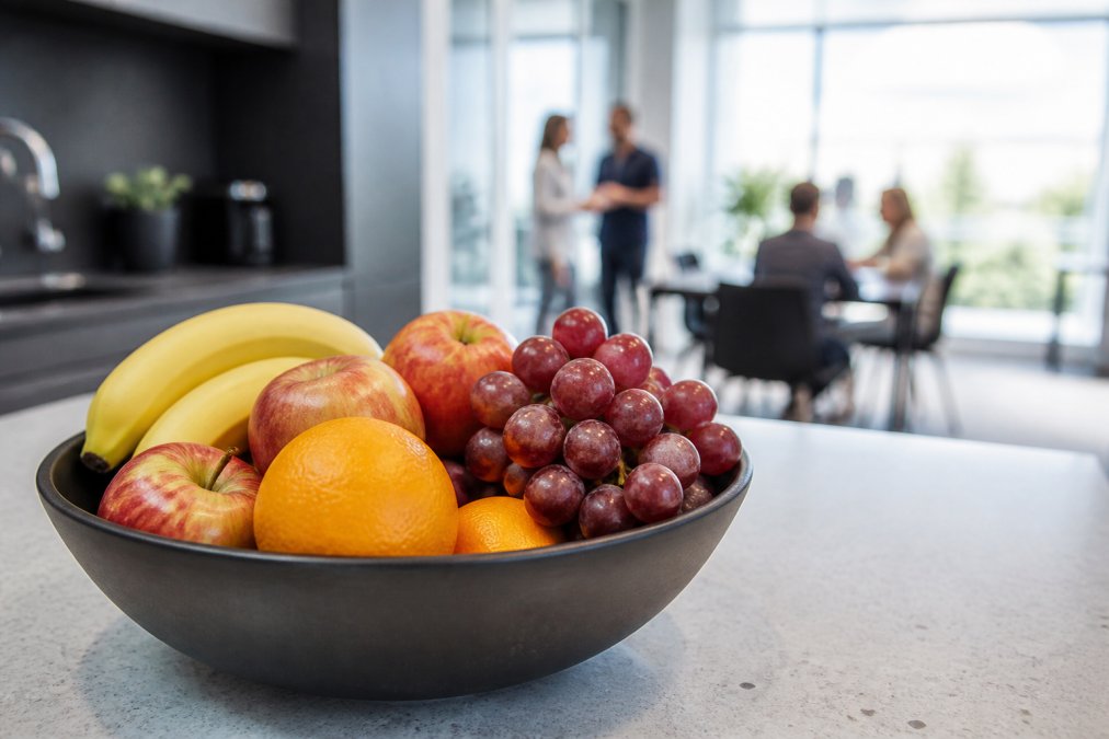 Close-up of a colorful bowl of fresh organic fruit - apples, oranges, grapes and bananas - placed on a bright office kitchen counter with natural light