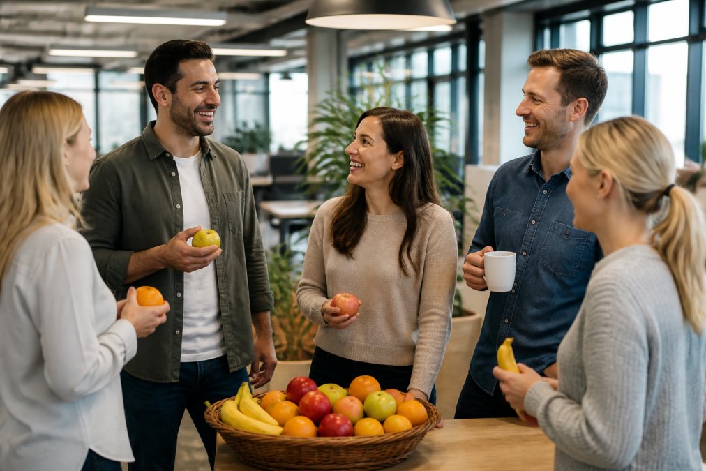 Smiling office colleagues gathered around a shared fruit basket in a modern open-plan office, casually chatting during a break, with warm overhead lighting and plants in the background