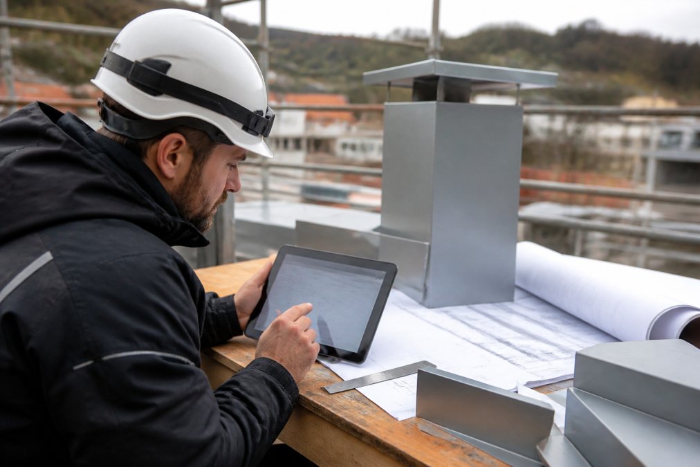 Håndverker på byggeplass som arbeider med tablet viser digitale beregninger av metallbeslag, med rulletegninger og metallmaterialer synlig på arbeidsbenken