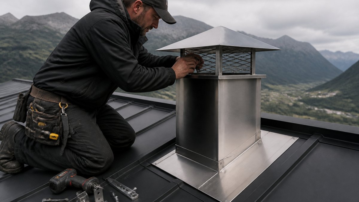 En håndverker monterer en skreddersydd pipehatt i børstet stål på et skrått tak, med verktøy og beslag liggende på taket rundt ham. Bakgrunnen viser norske fjell og gråvær.