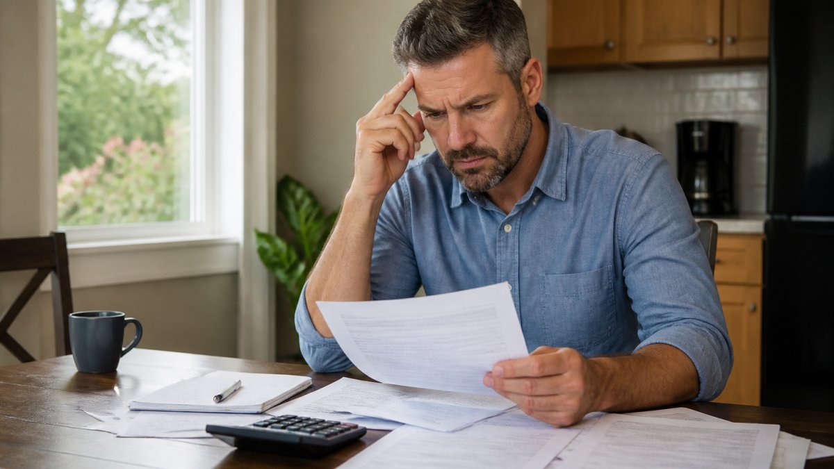 Homeowner reviewing loan documents at kitchen table with calculator and financial statements spread out, natural daylight from window, concerned but focused expression