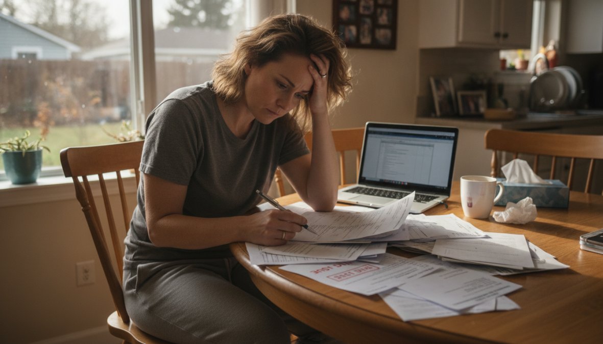 A stressed homeowner sitting at a kitchen table reviewing mortgage documents and mortgage statements, with a laptop open nearby, bills spread across the table surface, natural window light casting a warm but concerned atmosphere