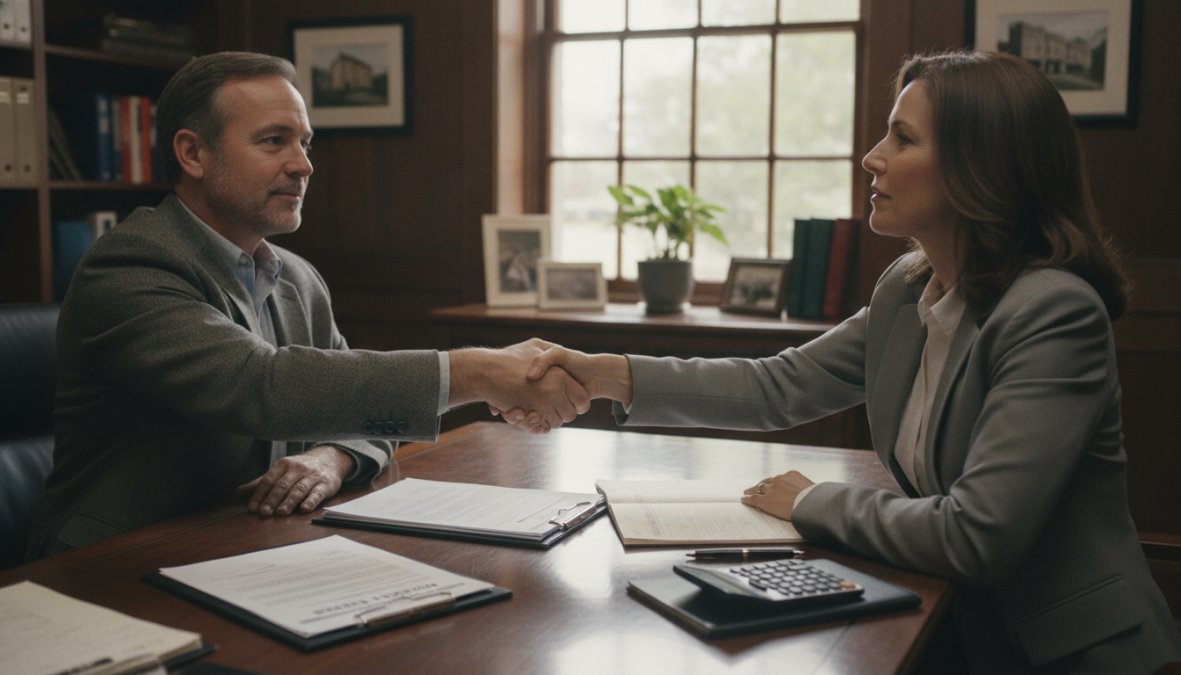 A homeowner shaking hands with a professional advisor across a wooden desk, mortgage documents visible between them, warm office lighting, both individuals appearing focused and engaged in a productive meeting