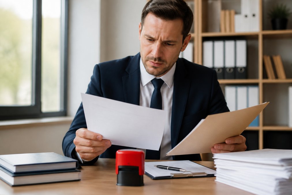 Professional reviewing documents at a desk with a rejection stamp visible, showing concern with paperwork in a modern office setting with natural lighting